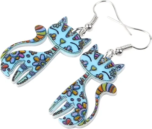 Vista 2 de Bonsny Aretes colgantes de acrílico para gatos con caída larga "CAYLEIGH Statement Pop-Art Gitten Gift Girl Women