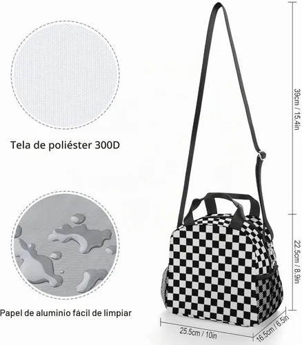 Vista 2 de Lonchera aislada, reutilizable, lavable, duradera, ligera, a cuadros, tamaño único