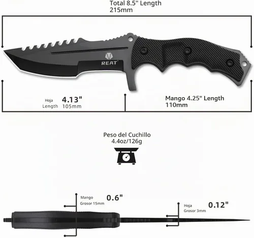Vista 2 de REAT Cuchillo de hoja fija con funda, hoja de acero 440C de 4.1 pulgadas con diseño de espiga completa, mango ergonómico de plástico ABS, cuchillo