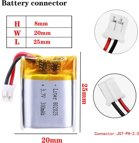 Vista 2 de Batería recargable de iones de polímero de litio de 3,7 V 300 mAh 802025 Lipo con conector JST PH 0.079 in