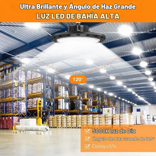 Vista 4 de Luz LED de alta bahía UFO de 100 W, 15000 lm, 5000 K, IP65, UL Aprobada, cable de 5 pies con enchufe de EE. UU. Alternativa a 400 W MH/HPS