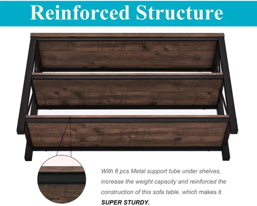 Vista 5 de Mesa de consola rústica detrás del sofá, mesa industrial de entrada con estantes, mesas de sofá de 3 niveles estilo granja para sala de estar, Roble