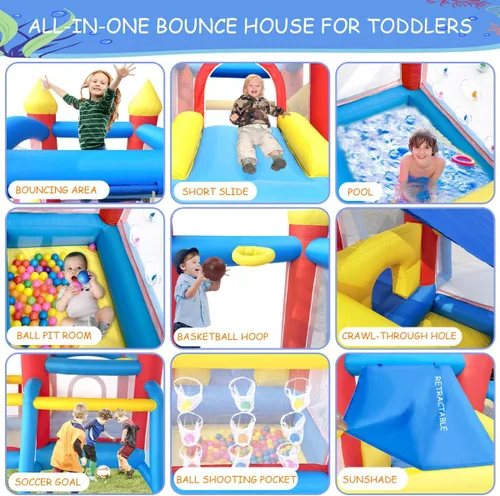 Vista 3 de Baralir Casa inflable de rebote para niños de 3 a 6 años, puente para niños pequeños con tobogán y piscina de agua (con cubierta solar), perfecto