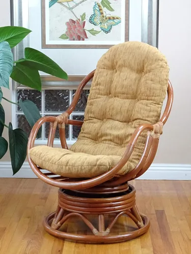 Vista 2 de Salón giratorio mecedora Bali silla de mimbre de ratán natural con cojín marrón claro, coñac