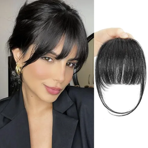 Vista 11 de BOGSEA Flequillo con clip, flequillo falso de cabello humano 100% real con clip, extensiones de cabello con fleco y sienes, postizos para mujeres 18#