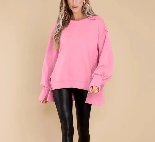 Vista 2 de BWQ Sudadera de gran tamaño para mujer, cuello redondo, manga larga, sin botones