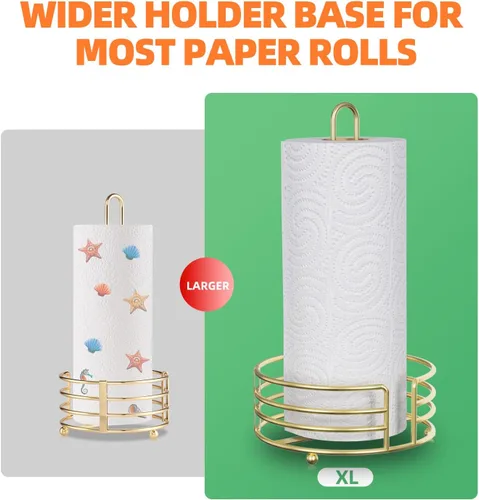 Vista 2 de Buruis Toallero de papel dorado brillante para encimera de cocina, desgarro con una mano con base de 8 pulgadas de ancho, 13 pulgadas de altura