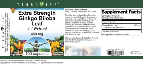 Vista 4 de Extracto Extra Strength Ginkgo Biloba Leaf 4:1 - 450 mg (100 Cápsulas, ZIN: 514331)