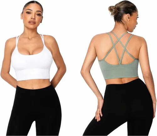 Vista 2 de Sykooria Paquete de 3 brasieres deportivos con tiras para mujer, sexy, entrecruzado, para yoga, correr, atletismo, gimnasio, entrenamiento, fitness