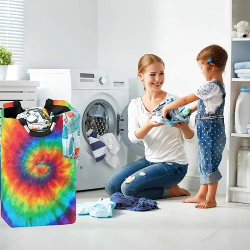 Vista 5 de visesunny Cesta de lavandería plegable en espiral con teñido anudado grande con asa, juguetes y organización de ropa para baño, dormitorio, hogar
