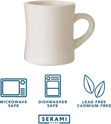 Vista 2 de Serami Juego de tazas de café originales de 11 onzas color crema, tazas de cerámica ideales para juego de cocina, viajes y té caliente, taza retro