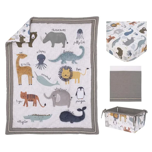 Vista 2 de NoJo Zoo Animals - Juego de cama para cuna de 4 piezas, color blanco y gris