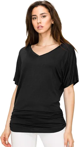 Vista 4 de MBJCamiseta de manga corta para mujer Barco Cuello sólido Shirring Dolman Drape parte superior