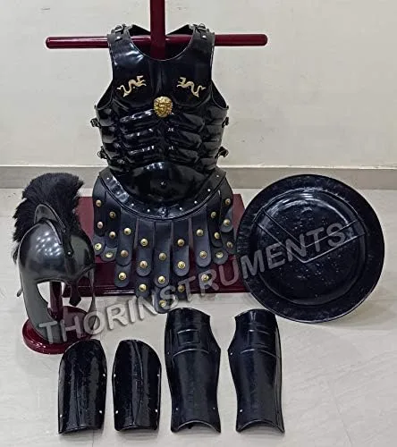 Vista 2 de THOR INSTRUMENTS Casco medieval de Aquiles Troy, armadura, chaqueta muscular, protector de brazos y piernas, escudo espartano, rústico, vintage