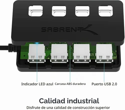 Vista 6 de SABRENT Hub de datos USB 2.0 de 4 puertos con interruptores de alimentación individuales con LED iluminados [no se admite la carga] para Mac y PC