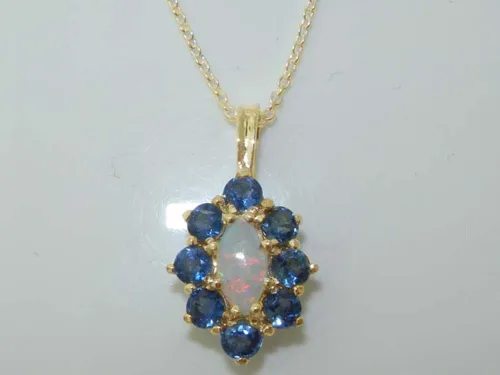 Vista 3 de Collar con colgante de oro amarillo macizo de 10 quilates con ópalo natural y zafiro azul