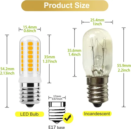 Vista 3 de DiCUNO Bombilla LED E17 regulable, bombillas para horno de microondas, 2700 K blanco cálido, 3 W (reemplazo incandescente de 40 W), 400 lm, 120 V