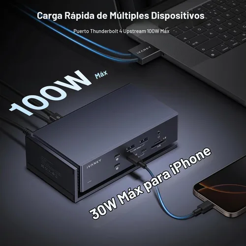 Vista 7 de iVANKY FusionDock Max 1 con adaptador DisplayLink, chips Dual Thunderbolt 4 para seis pantallas extendidas para M5/M4/M3/M2/M1 Pro/Max MacBook, Quad