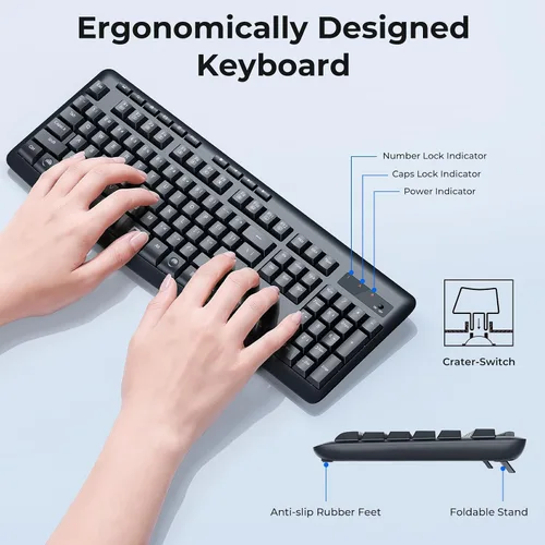 Vista 4 de Redragon Combo de teclado y mouse inalámbrico, teclado de computadora ergonómico de tamaño completo de 2.4G y mouse inalámbrico ajustable de 5