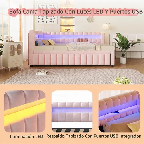 Vista 4 de Polibi Sofá cama tapizado individual XL a King con nido extraíble, luces LED y puertos USB, marco de cama con plataforma de listones de madera
