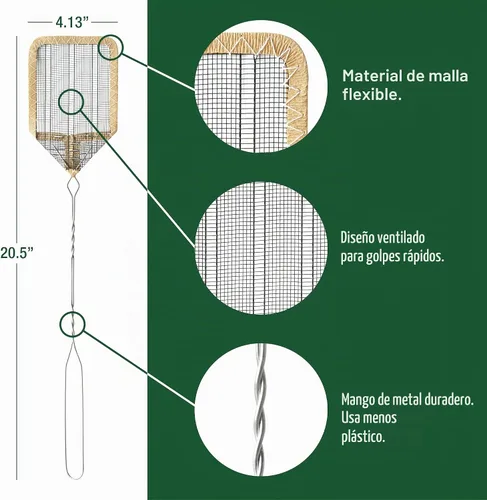 Vista 3 de Enoz Matamoscas con cabeza de malla de alambre con mango de metal (paquete de 3)