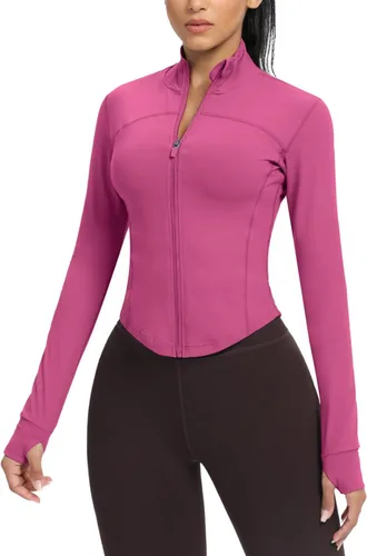 Vista 6 de AVGO Chaquetas de entrenamiento recortadas para mujer, con cremallera, ajustadas, atléticas, con agujeros para el pulgar