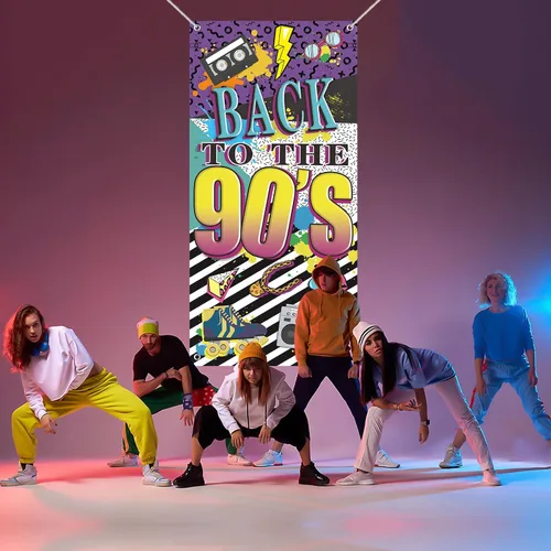 Vista 5 de Cartel de puerta con temática de los años 90, decoraciones de fiesta para adultos, tema de hip hop de los 90, suministros de fiesta de fondo