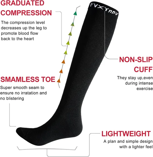 Vista 3 de 3 pares de calcetines de compresión graduados de 20 a 30 mmHg medias altas hasta la rodilla negras para hombres y mujeres, viajes en avión, correr