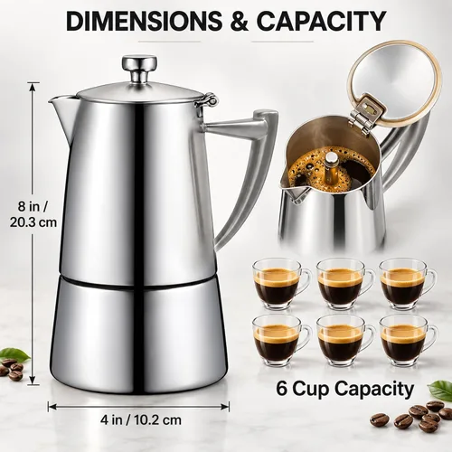 Vista 2 de CUISINOX Roma - Máquina de café expreso de acero inoxidable satinado para estufa, 6 tazas 18/10 stainless steel moka pot with 6-cup capacity