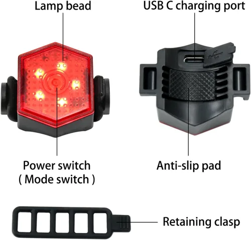 Vista 7 de Bike Tail Light Bicycle Rear Light USB-C Rechargeable LED Cycling Safety Flashlight with 4 Light Mode for Road Mountain Night Riding & Adults Men