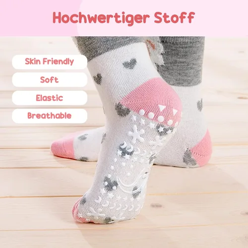Vista 4 de Hellomamma Calcetines de algodón antideslizantes para niños pequeños, calcetines de tripulación de animales lindos con agarres, calcetines