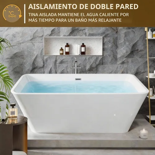 Vista 5 de Bañera independiente de acrílico de 59 pulgadas, bañera profunda para remojo, cuadrado moderno Blanco perla y blanco