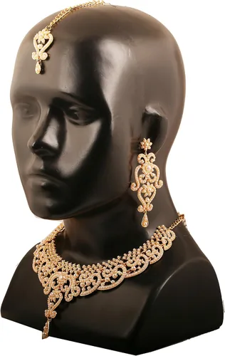Vista 4 de Conjunto precioso de collar con look real Indian Bollywood, maravillosamente decorado, conjunto de collar adornado para mujer.