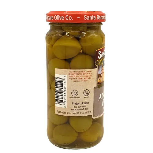 Vista 3 de Aceitunas verdes rellenas de anchoas sin hueso de Santa Barbara, perfectas para tablas de embutidos, ensaladas, pizza y pasta, paquete de 3, 5 onzas