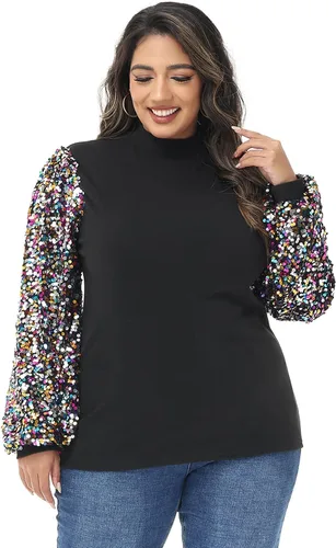 Vista 2 de Anna-Kaci Sudadera de lentejuelas brillantes para mujer, talla grande, cuello alto falso, manga larga, purpurina para fiesta