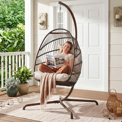 Vista 12 de RADIATA Silla de huevo al aire libre con soporte, silla colgante de mimbre Dorado/Beige