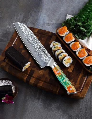 Vista 5 de Cuchillo Santoku de 7" - Cuchillo de chef japonés - Acero de Damasco martillado y mango de resina - Serie YAO