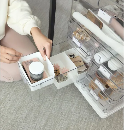 Vista 3 de iDesign The Sarah Tanno Collection - Carrito organizador grande de cosméticos apilable de 7 cajones, transparente/blanco