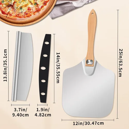Vista 2 de MOVNO - Espátula de aluminio para pizza, pala de pizza de metal de 12 pulgadas (12 x 14 pulgadas) con cortador basculante, mango de madera plegable