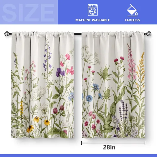 Vista 3 de Aimego - Cortinas de cocina con plantas rústicas y flores de primavera, botánicas, con hojas verdes, cortas, para cafetería, baño, con bolsillo