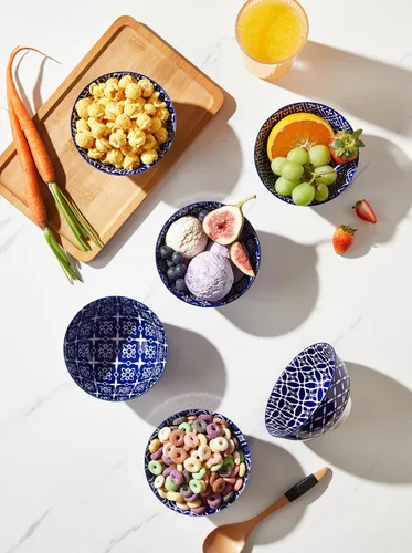 Vista 4 de Metahom Tazones Azules y Blancos, Tazones de Cerámica para Postre de 10 Oz, Juego de Tazones de Porcelana para Helado, Tazones Decorativos