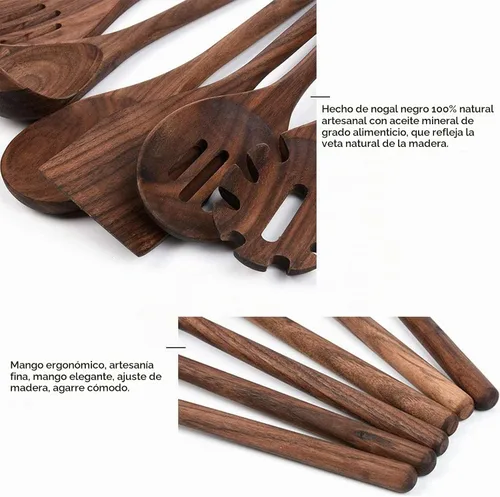 Vista 5 de Juego de 6 utensilios de cocina de madera, cucharas y espátula de mango largo de madera de nogal negro para cocinar, resistentes al calor