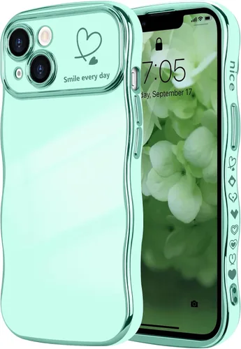Vista 43 de LCHULLE - Funda para iPhone Air, linda para mujeres y niñas, con forma de onda, color azul bebé Luxury Plating Curly Wavy Frame with Love Heart