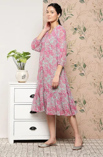 Vista 4 de Janasya Vestido occidental de Georgette rosa con estampado floral para mujer india