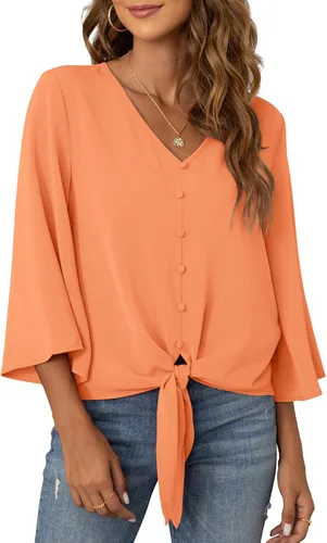 Vista 38 de VIISHOW Blusas de verano para mujer, con botones, cuello en V, de gasa, mangas acampanadas de 3/4, con nudo, casuales 01 Blanco