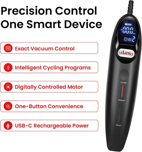 Vista 2 de LeLuv Magna LCD Controlador de bomba de vacío portátil inteligente USB recargable Modos programables o manuales - Silicona negra lisa