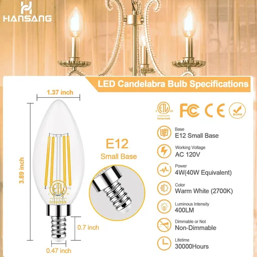 Vista 2 de Bombilla LED E12 para candelabro, 2700 K, blanco cálido, equivalente a 40 W, bombillas tipo B con forma de vela de 4 W, bombilla LED B11 para Blanco