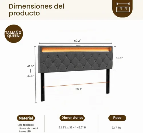 Vista 7 de IKIFLY Cabecera tapizada tamaño Queen con luces LED, puerto USB y tipo C 39.4"-43.3" Adjustable Height, Button Tufted Linen Fabric Padded Queen