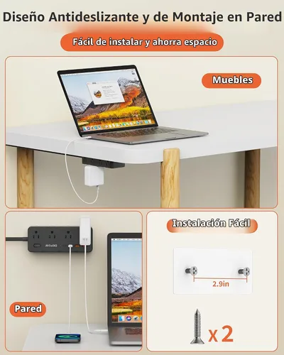 Vista 7 de Regleta de alimentación de 3 pies, cable de extensión con 8 salidas de CA + Negro