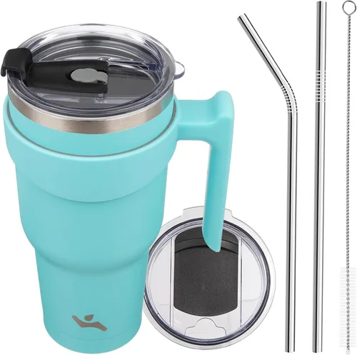 Vista 78 de Konokyo - Vaso de 10 onzas con asa y 2 popotes, 2 tapas, botella de agua aislada de acero inoxidable, taza de viaje reutilizable, color verde militar